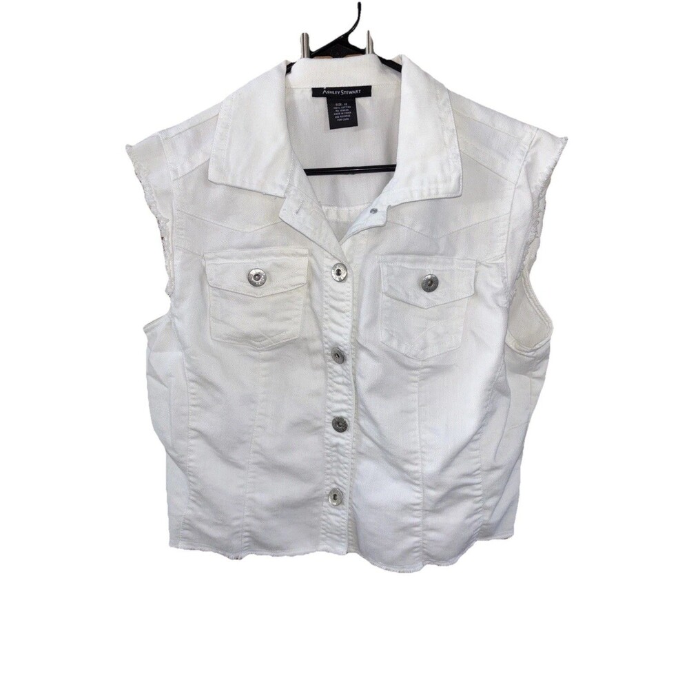 Ashley Stewart Denim Vest Women 12 White Sleeveless Crop Pockets Raw Hem Buttons